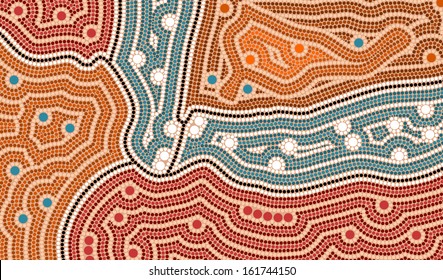 A illustration based on aboriginal style of dot painting depicting landscape before settlement