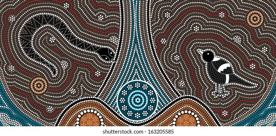 A illustration based on aboriginal style of dot painting depicting Fierce Snake and Magpies