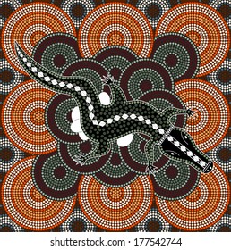 A illustration based on aboriginal style of dot painting depicting crocodile