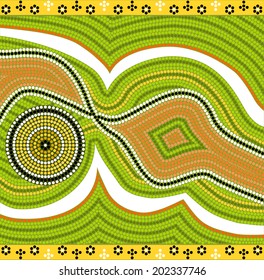 A illustration based on aboriginal style of dot painting depicting modernism