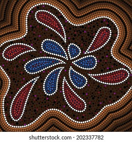 A illustration based on aboriginal style of dot painting depicting dream