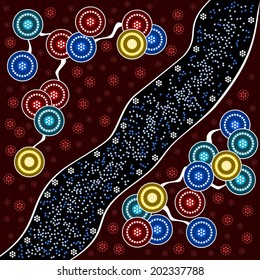 A illustration based on aboriginal style of dot painting depicting variety