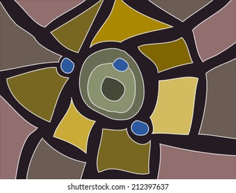 A illustration based on aboriginal style of dot painting depicting little town