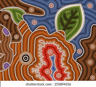 An illustration based on aboriginal style of dot painting depicting bush fires