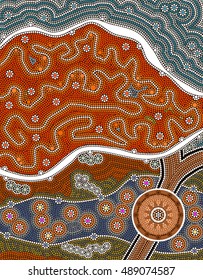 An illustration based on aboriginal style of dot painting depicting salt flats