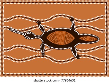 A illustration based on aboriginal style of dot painting depicting Platypus