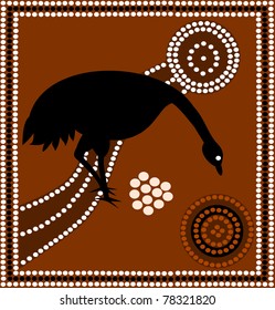 A illustration based on aboriginal style of dot painting depicting Emu