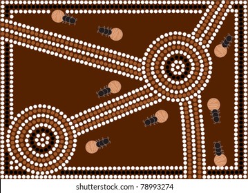 A illustration based on aboriginal style of dot painting depicting ants.