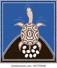 A illustration based on aboriginal style of dot painting depicting  longneck turtle.