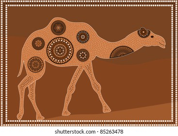 A illustration based on aboriginal style of dot painting depicting  dromedary.
