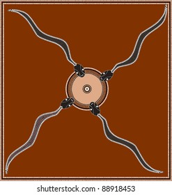A illustration based on aboriginal style of dot painting depicting   snakes.