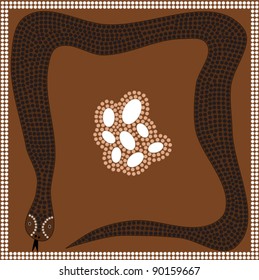 A illustration based on aboriginal style of dot painting depicting big snake protects their eggs