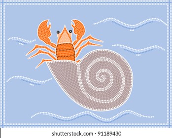 A illustration based on aboriginal style of dot painting depicting  hermit crab.