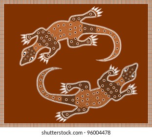 A illustration based on aboriginal style of dot painting depicting waran.