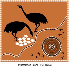 A illustration based on aboriginal style of dot painting depicting emu.