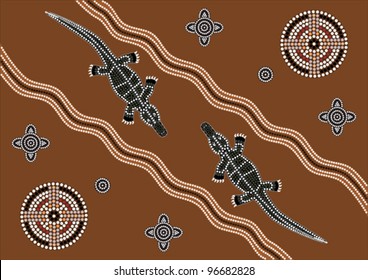 A illustration based on aboriginal style of dot painting depicting crocodiles