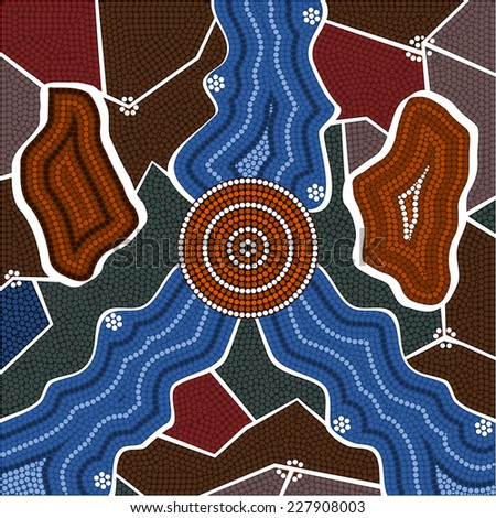 A illustration based on aboriginal style of dot painting depicting billabong