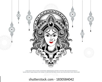 Illustration based Beautiful line art Maa Durga face Happy Navratri Durga Pooja Festival Poster Background 