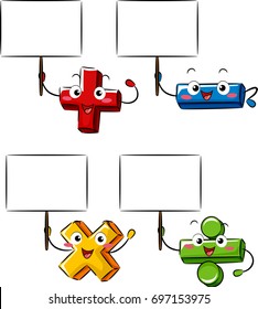 Illustration of Basic Math Operator Mascots Holding Blank Placards