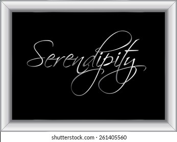 illustration of a basic silver frame with the word Serendipity, on black background, vector image, eps10