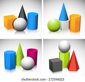 Illustration of basic three dimensional shapes.