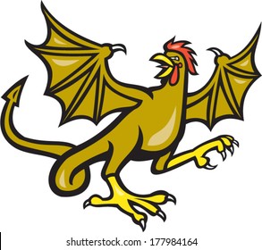 Illustration of a basilisk  animal with the head, torso and legs of a rooster, the wings of a bat and with a snake-like rump that ends in an arrowpoint crowing in cartoon style on isolated background.