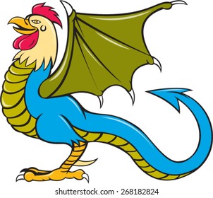 Illustration of a basilisk  head of rooster, wings of a bat and with a snake-like rump that ends in an arrowpoint done in cartoon style viewed from side