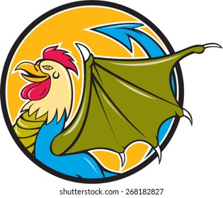 Illustration of a basilisk  head of rooster, wings of a bat and with a snake-like rump that ends in an arrowpoint done in cartoon style viewed from side set inside circle shape on isolated background.