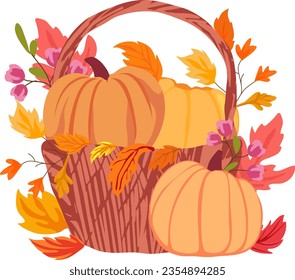 illustration basket with autumn harvest, autumn leaves, agriculture, fall season, design element