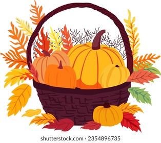 illustration basket with autumn harvest, autumn leaves, agriculture, fall season, design element