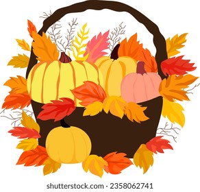 illustration basket with autumn harvest, autumn leaves, agriculture, fall season, design element  