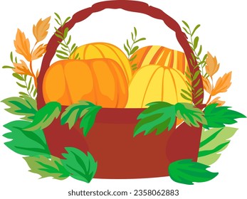 illustration basket with autumn harvest, autumn leaves, agriculture, fall season, design element  
