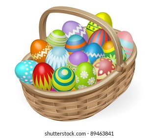 Illustration of basket of colourful painted Easter eggs