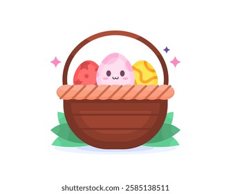 illustration of a basket containing easter eggs with cute, adorable, and adorable faces. celebration and happy easter. bunny facial expression. decoration, ornament, flat style character design
