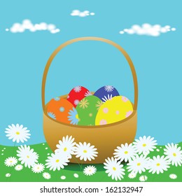 Illustration of a basket of Easter eggs