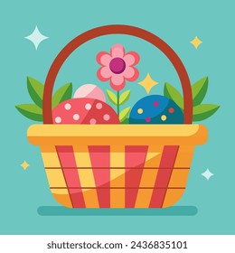 illustration of a basket with Easter eggs and a flower on a turquoise background done in the style of vector graphics