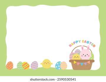 Illustration of a basket with eggs and a rabbit with a Christian Easter concept. Eggs with various patterns painted on them are exchanged to celebrate the resurrection and bless the other person.