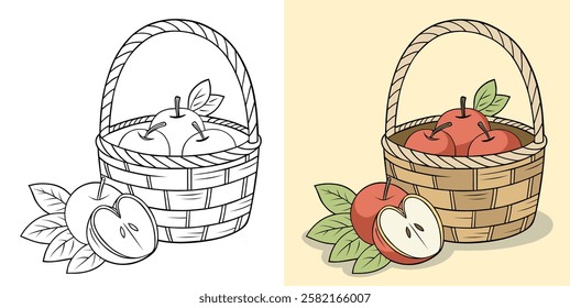 Illustration of a basket filled with apples, accompanied by a black-and-white and colored versions, ideal for creative projects or educational materials.