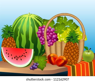 illustration basket and fruits watermelon grape peaches, pineapple