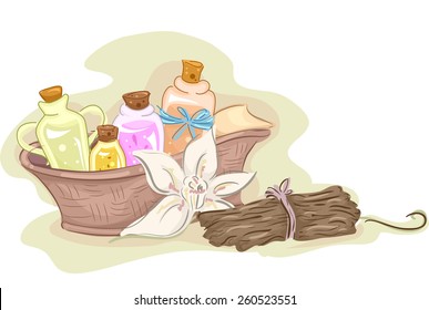 Illustration of a Basket Full of Bottled Essential Oils 