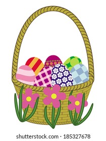 illustration of basket full of colorful decorated easter eggs