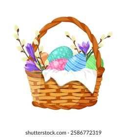 Illustration of basket full of colorful decorated Easter eggs with willow branches and crocus flowers on a white isolated background. Template for greeting card, invitation.