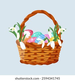 Illustration of basket full of colorful decorated Easter eggs and snowdrops on a isolated background. Template for greeting card, invitation.