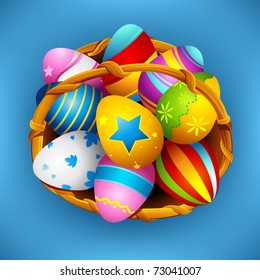 illustration of basket full of colorful decorated easter eggs with ribbon