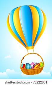 illustration of basket full of colorful decorated easter eggs hanging from hot air balloon