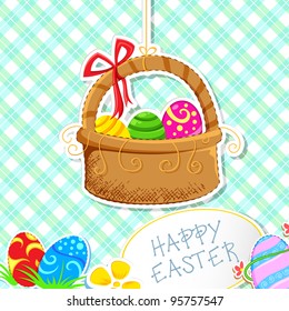 illustration of basket full of colorful decorated easter eggs with ribbon