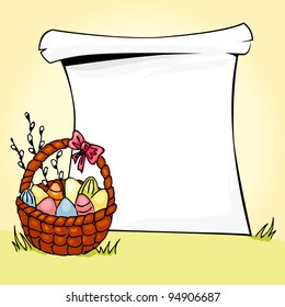 Illustration of basket full of Easter eggs.