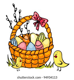 Illustration of basket full of Easter eggs isolated on white.