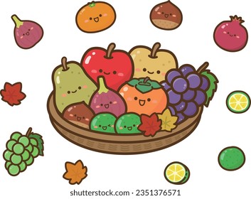 Illustration of a basket full of fruits with the word Autumn in Japanese