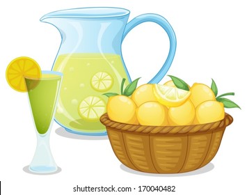 Illustration of a basket of lemon beside the pitcher with lemonade on a white background